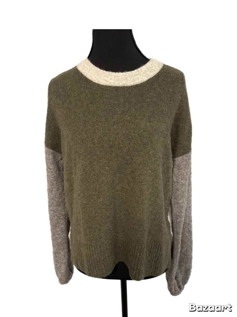 Madewell Olive, Light Gray & Cream Colorblock Crewneck Sweater